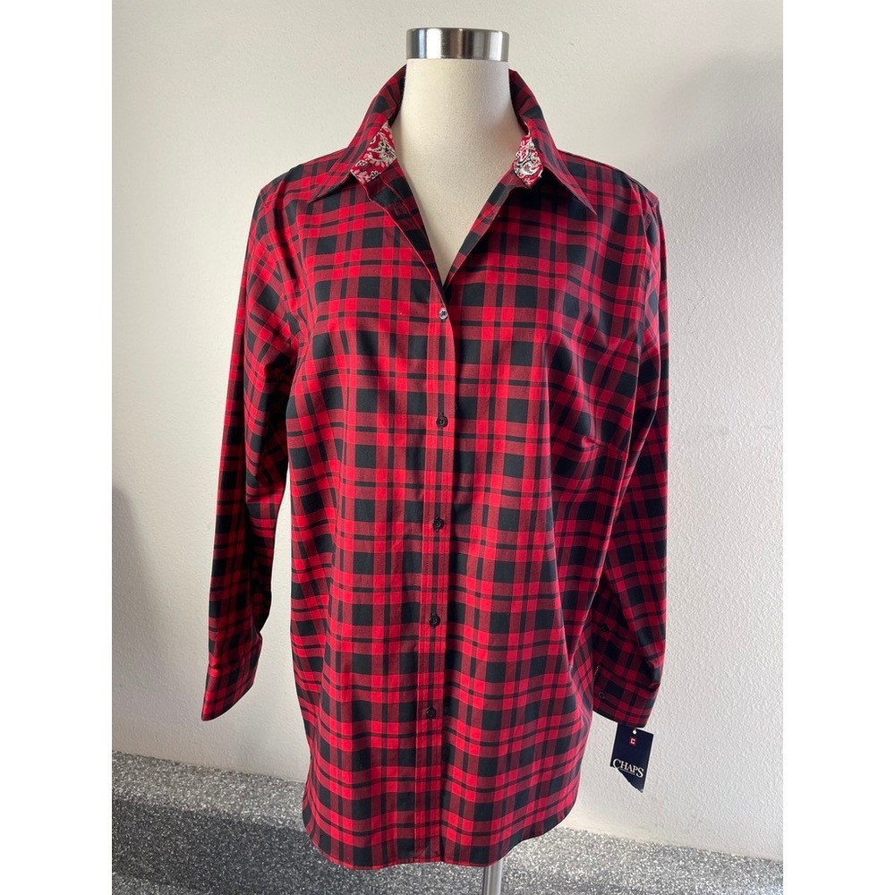 NEW Chaps Womens Plus 1X No Iron Red Black Plaid Button Up Shirt Long Sleeve Top